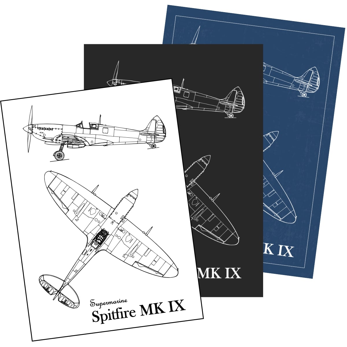 Propeller Airplane Poster | Supermarine Spitfire lineart design poster |  high quality warbird art print